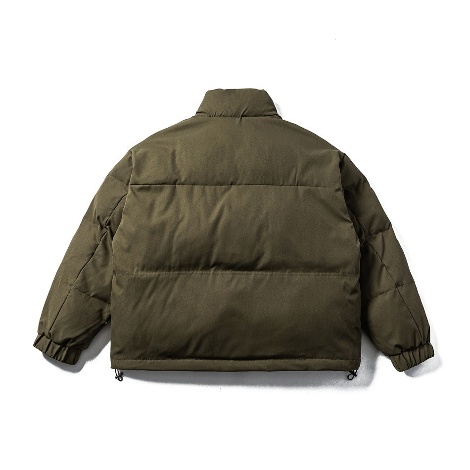 Back view of an olive padded jacket with horizontal quilted panels, elastic cuffs and adjustable hem toggles.