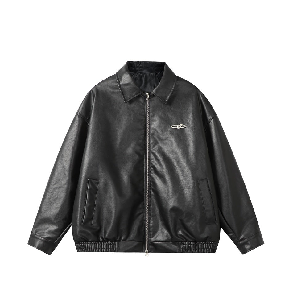 Black faux-leather bomber-style jacket with collar, front zip, slanted pockets and ribbed hem, flat view