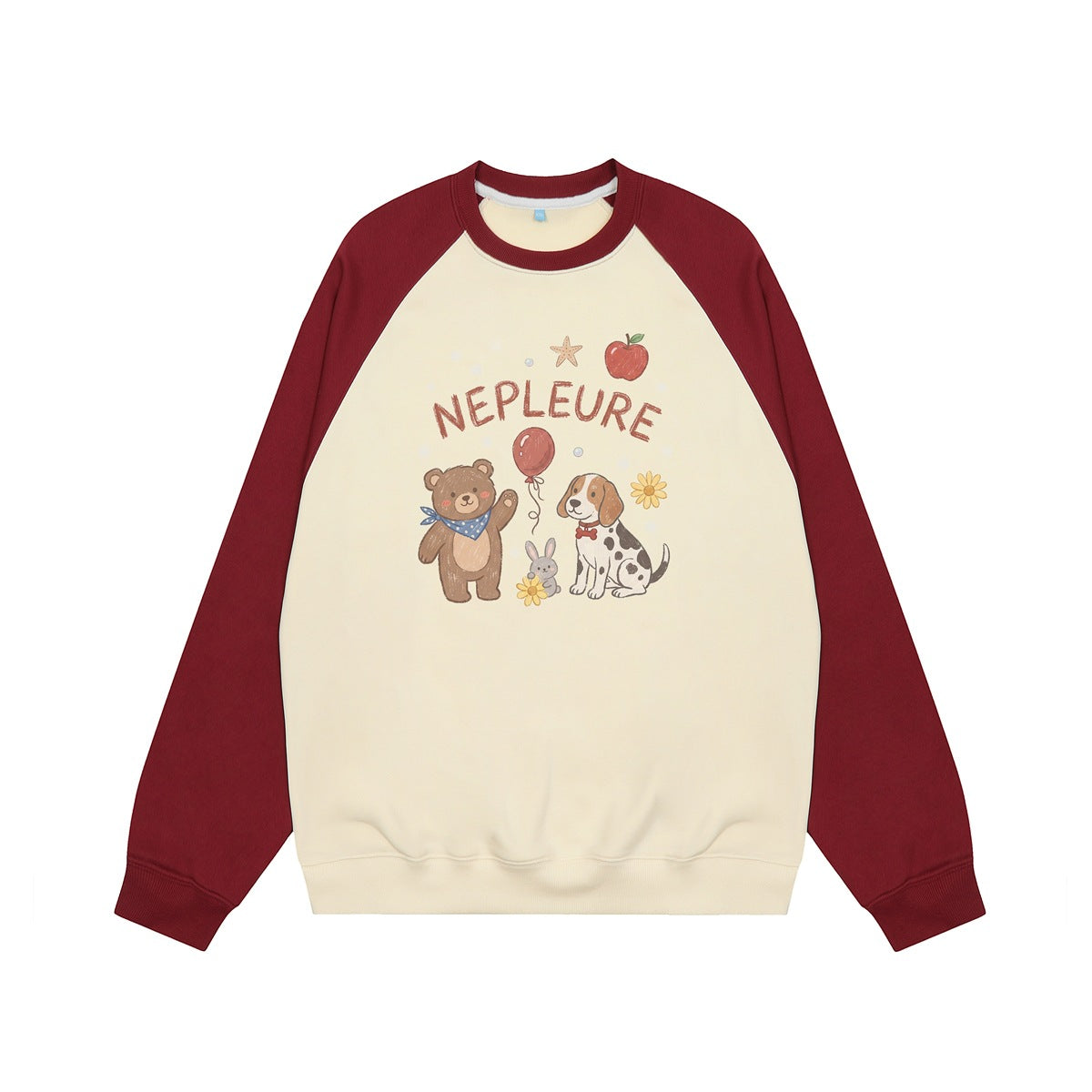 Cream and burgundy raglan crewneck sweatshirt with bear, dog, rabbit and balloon graphic, flat front view