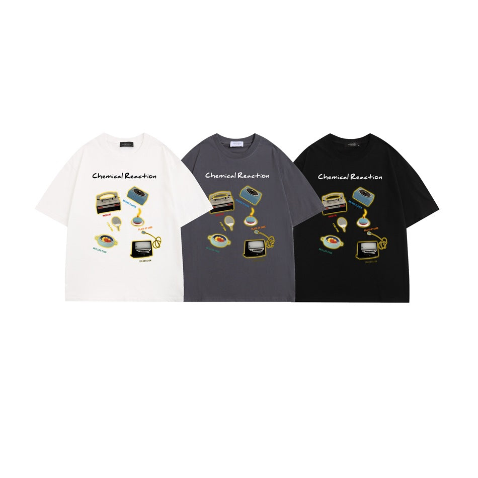 Three graphic T-shirts shown together in white, charcoal gray, and black.