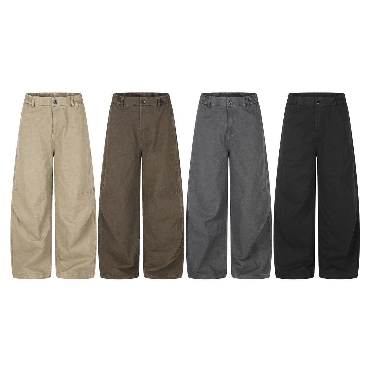 Four front views of wide-leg trousers in beige, olive-brown, gray, and black.