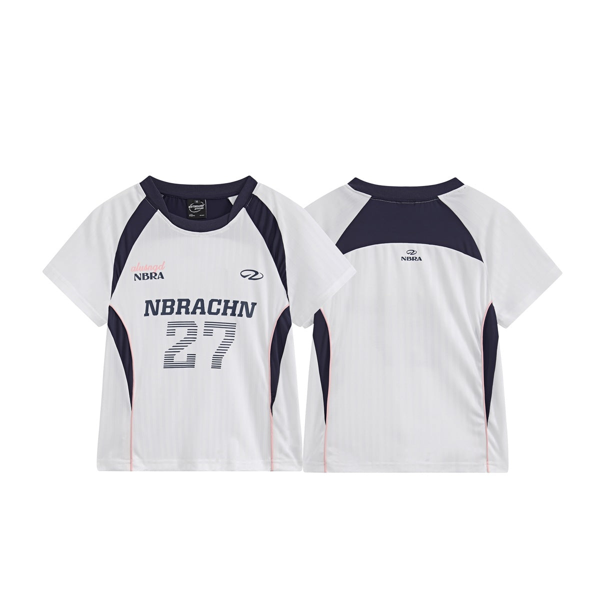 White short-sleeve jersey shown from front and back, with navy panels, pink piping, and printed lettering and number 27.