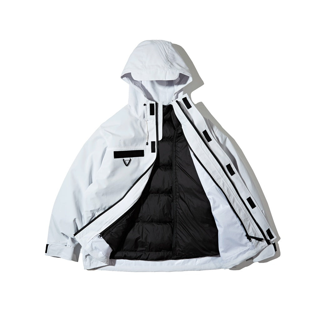 White hooded jacket shown open from the front, revealing a black quilted inner layer and black fastening details.