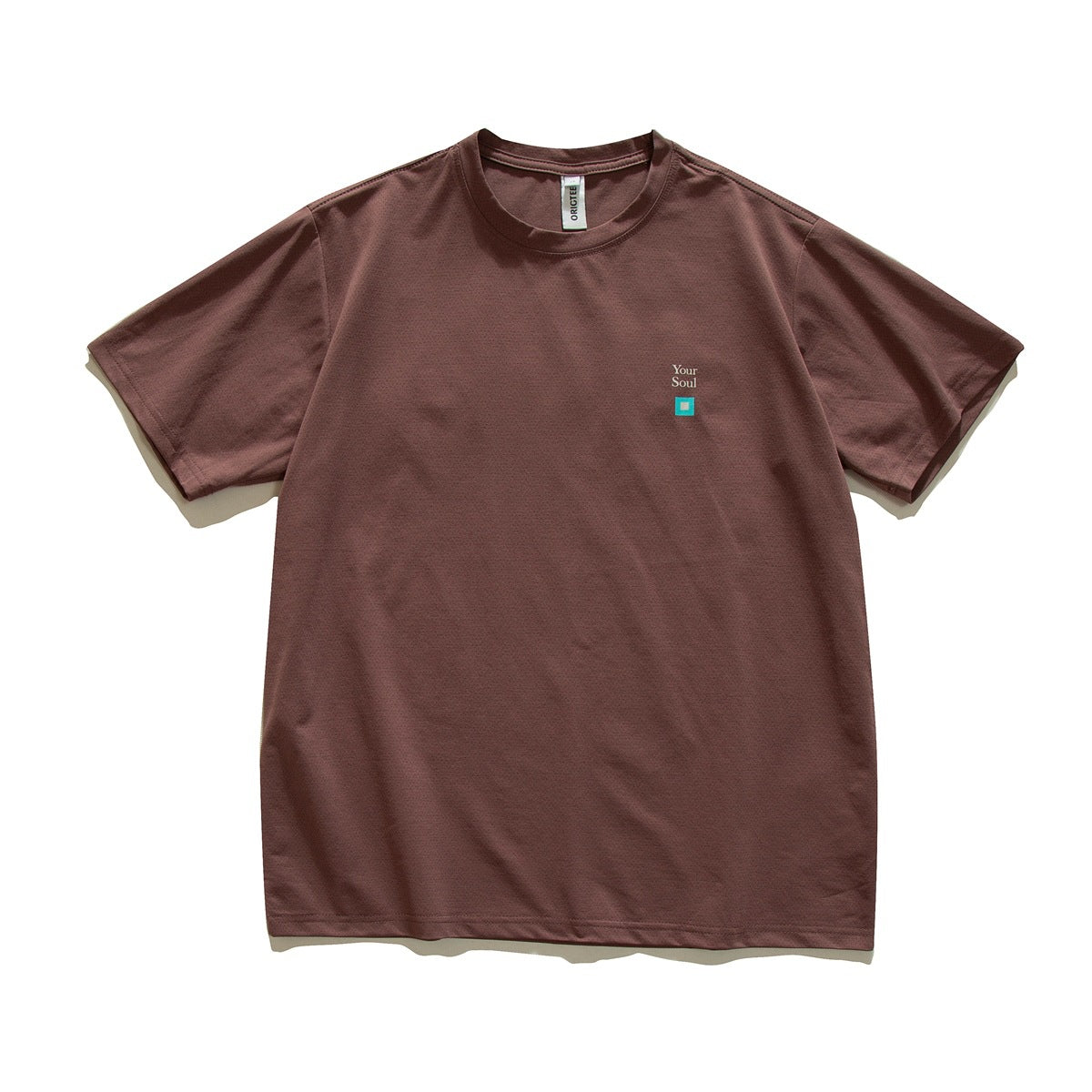 Dark red-brown short-sleeve crew-neck T-shirt, front flat lay, small 'Your Soul' print with teal square on chest