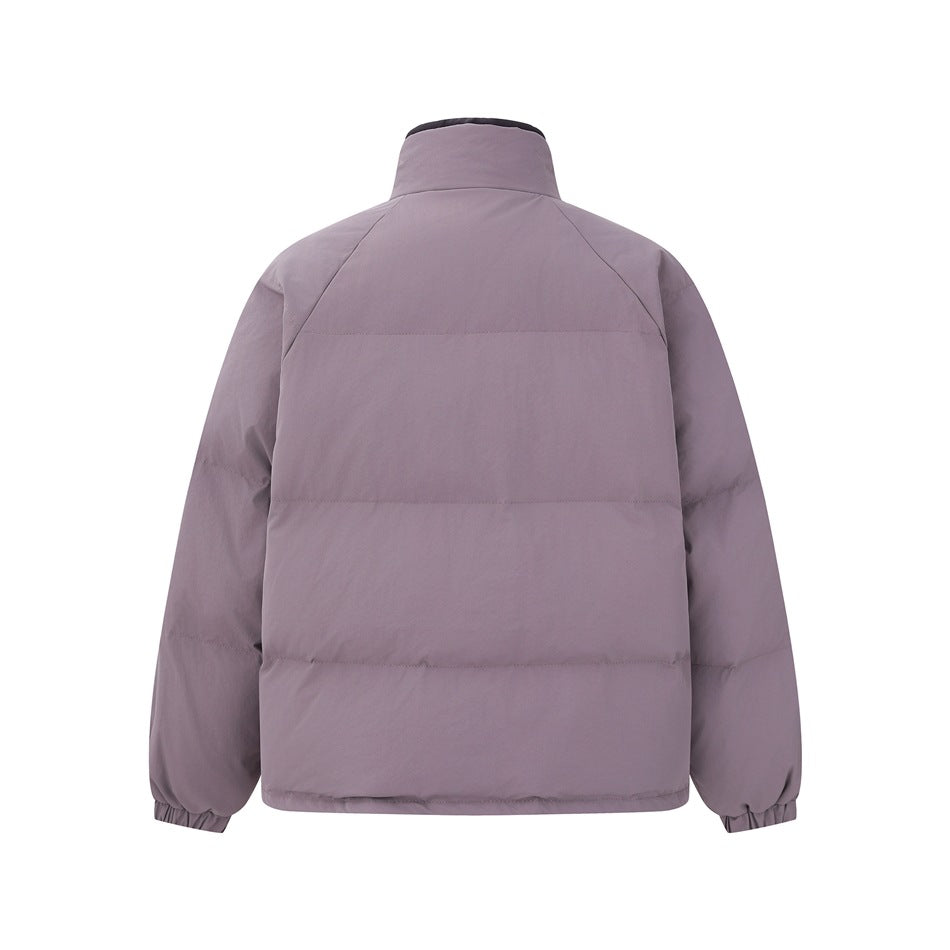 Back view of a muted plum quilted jacket with a high collar and elasticated cuffs on a white background.