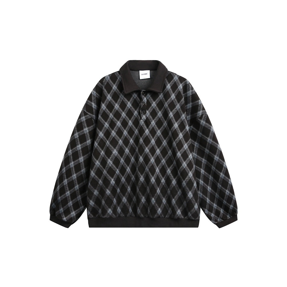 Dark brown diamond plaid polo-collar pullover sweatshirt with ribbed cuffs and hem, flat front view