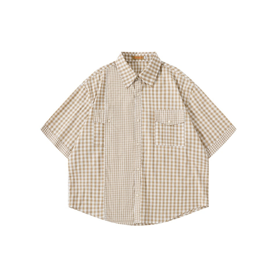 Khaki and white gingham short-sleeve shirt, front flat lay, with contrast check center panel and two flap chest pockets