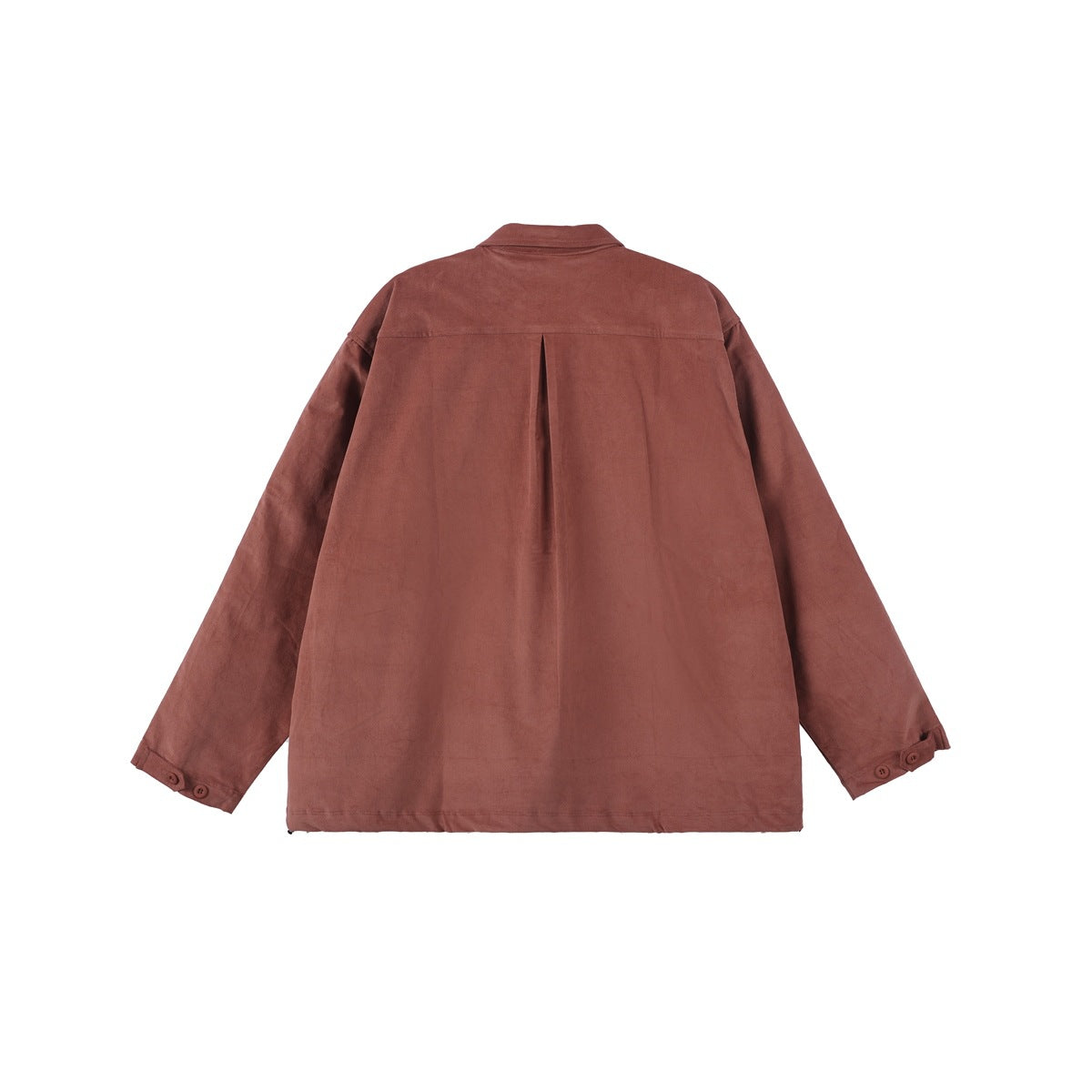 Back view of jujube red jacket flat lay showing center back pleat, yoke seam and button tab cuffs