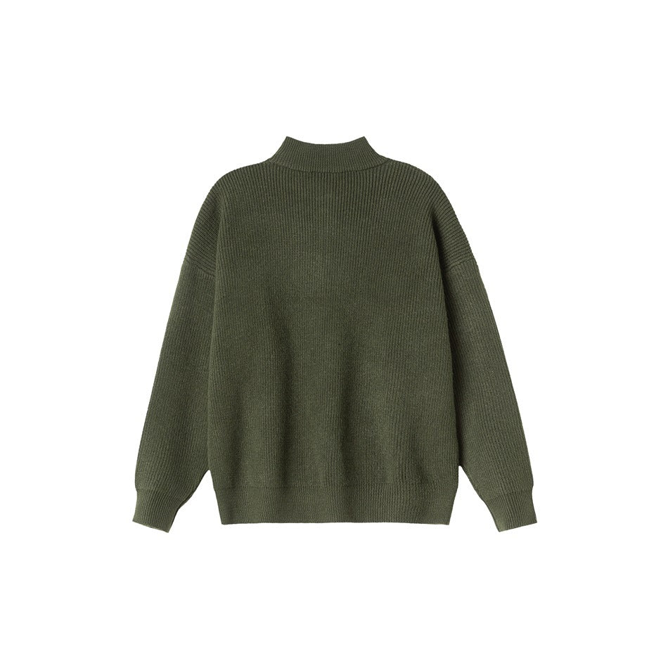 Back view of an olive green rib-knit sweater with a high stand collar, long sleeves, and ribbed cuffs and hem.
