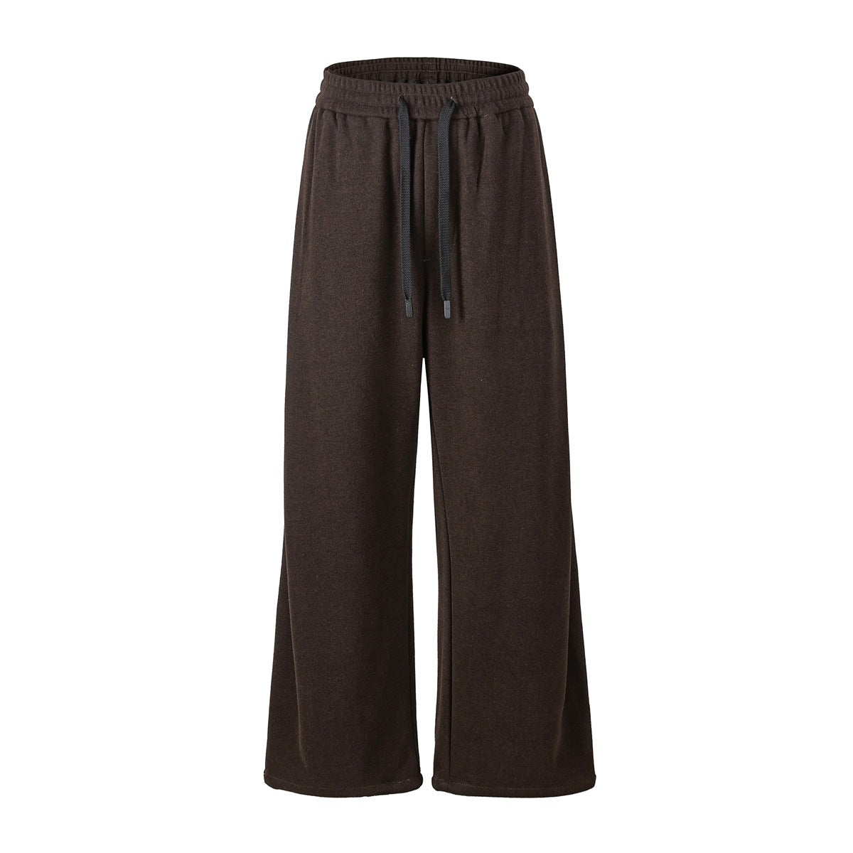 Dark brown wide-leg drawstring pants with elastic waistband, front view on white background