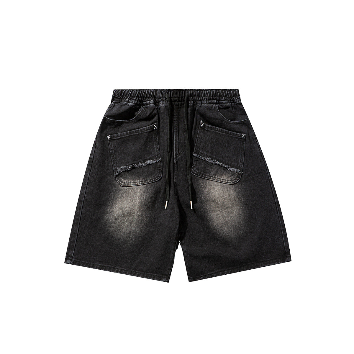 Washed black denim shorts with drawstring elastic waist, frayed front patch pockets and faded wash, flat front view