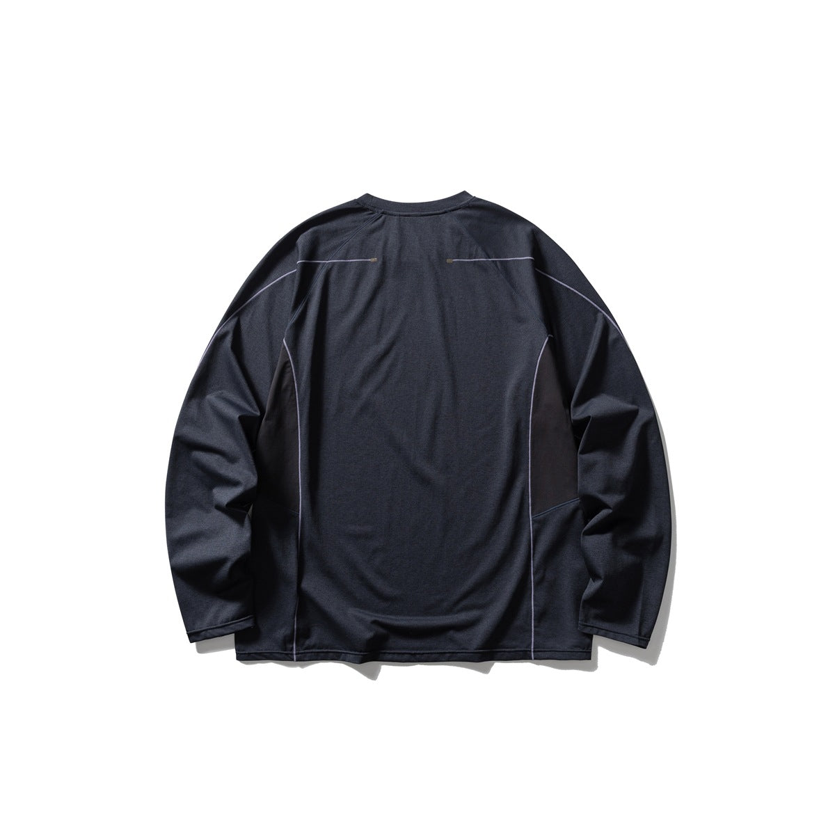 Back of a dark navy long-sleeve crewneck laid flat, with lilac piping and shoulder details.