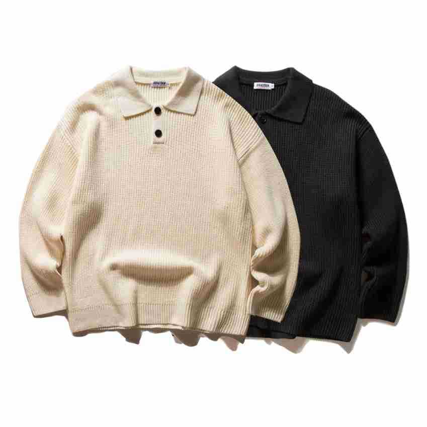 Ivory and black long-sleeve knitted polo sweaters displayed side by side from the front.