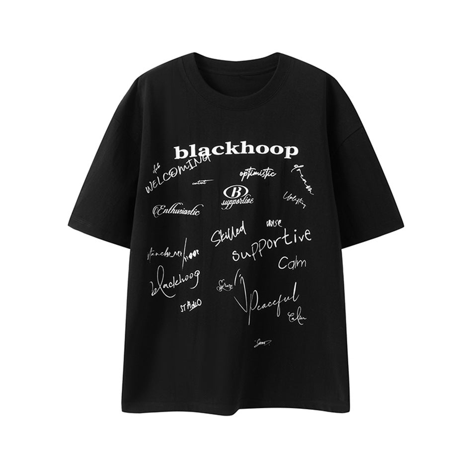 Black crew-neck short-sleeve T-shirt with white blackhoop wordmark and handwritten-style word print on the front