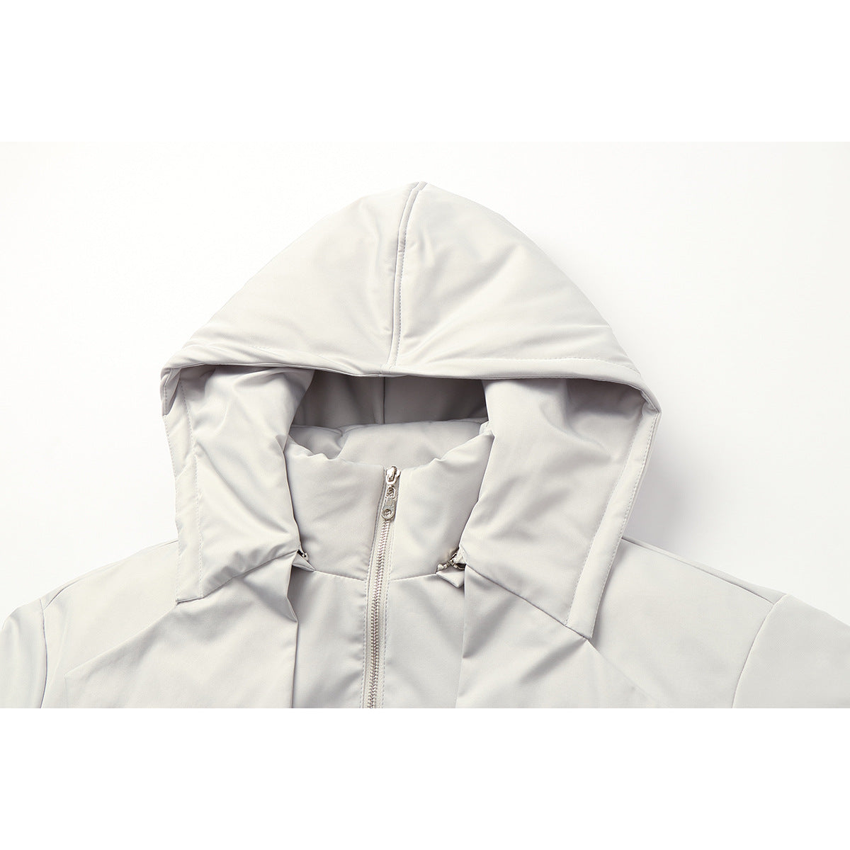 Close-up of a pale gray hooded jacket showing the hood, high collar, and front zipper.