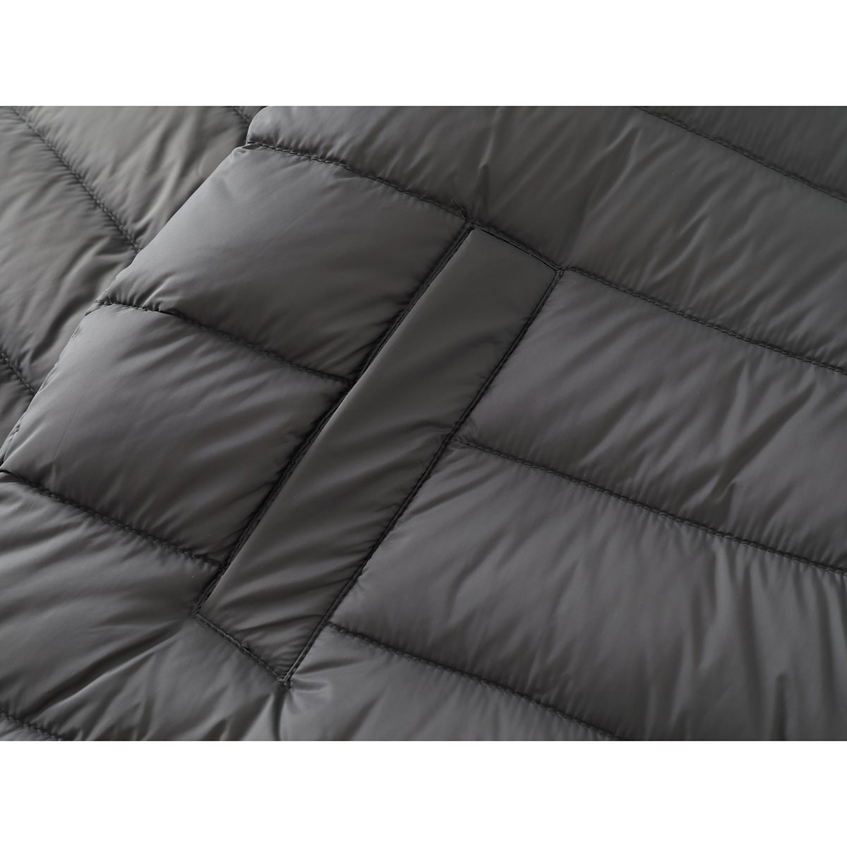 Close-up of the charcoal-gray jacket's horizontal quilting and a narrow stitched panel.