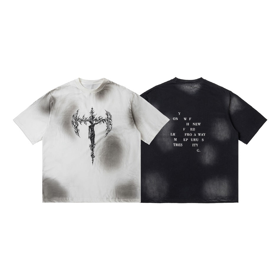 White T-shirt front with a black graphic beside the black version's back with small white text.