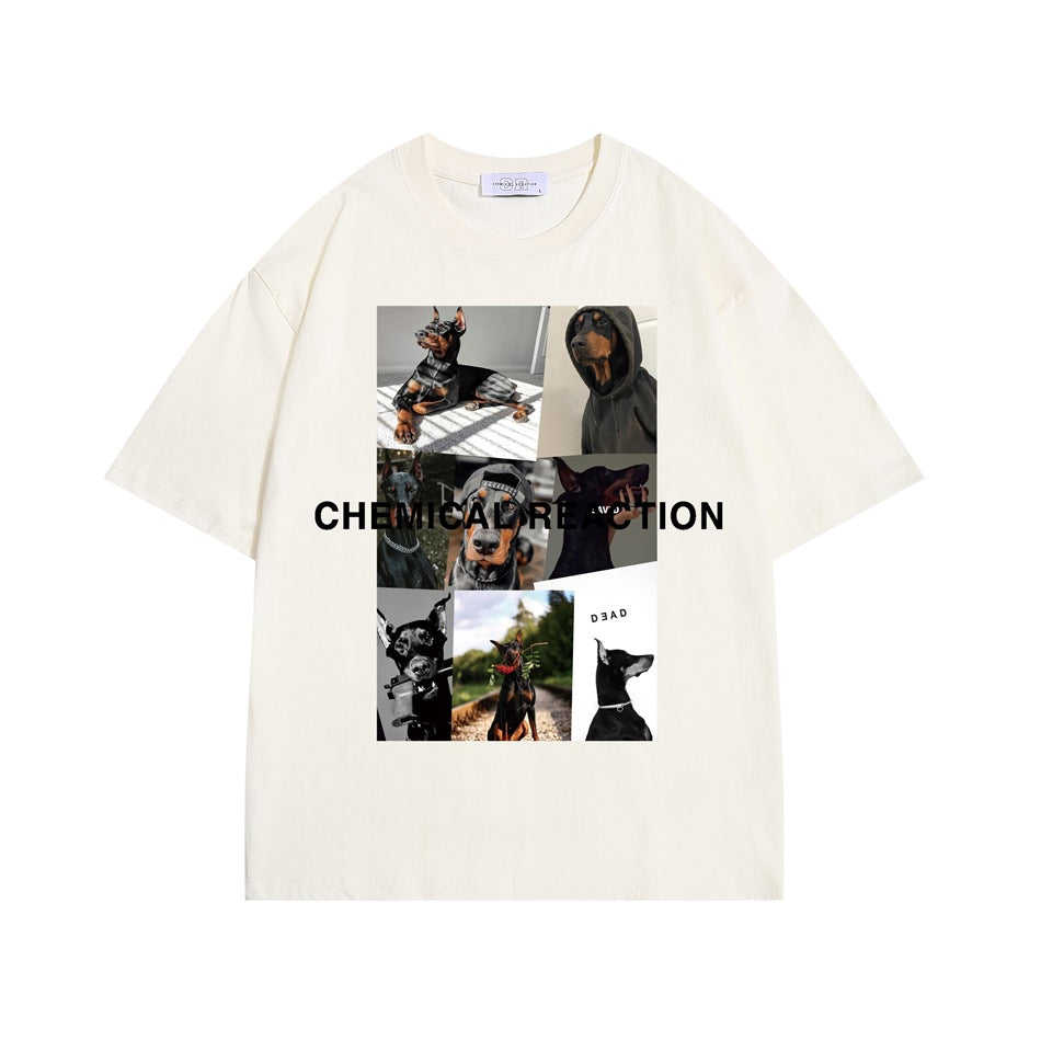 Apricot cream short-sleeve T-shirt with a Doberman photo collage and black CHEMICAL REACTION text on the front