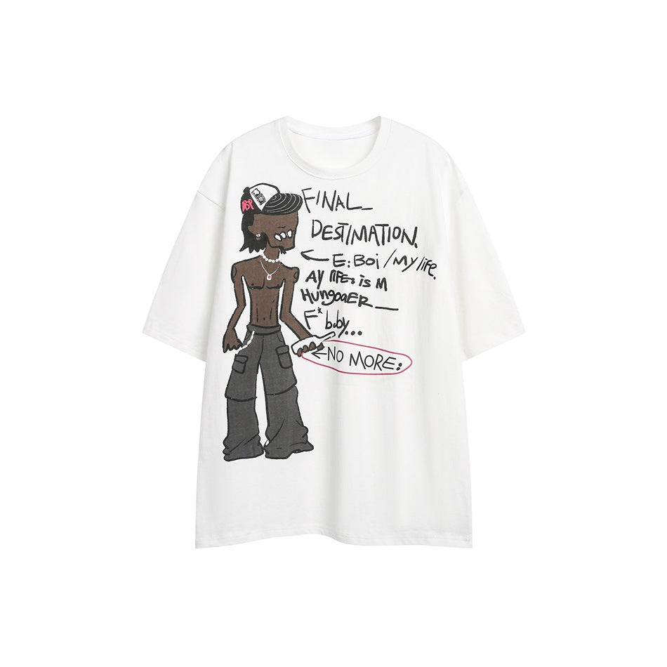White short-sleeve crew-neck t-shirt with cartoon figure graphic and handwritten-style black text on the front