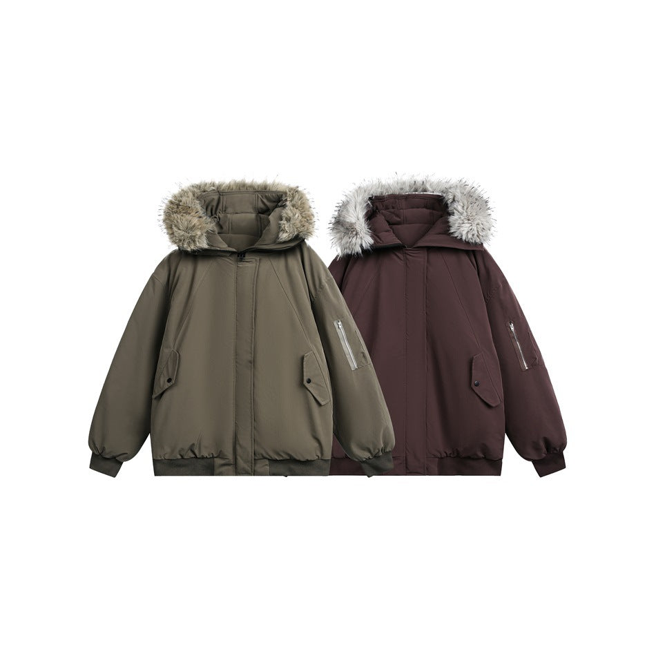 Two hooded jackets displayed together: one olive gray and one dark plum, both with fur-trimmed hoods.