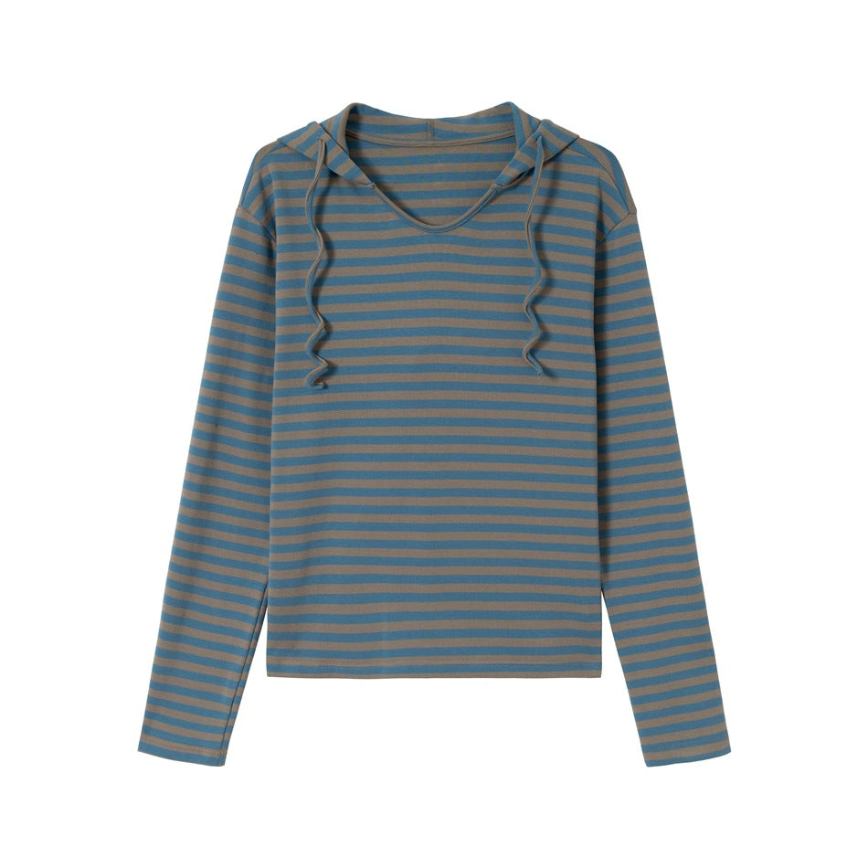 Blue and taupe striped long-sleeve hooded top with V-neckline and drawstrings, flat lay front view