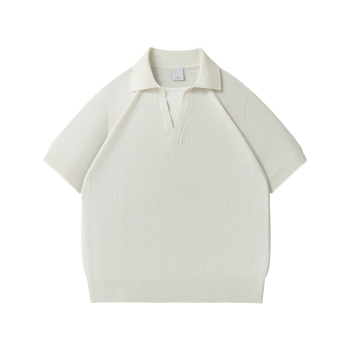 Off-white knit short-sleeve polo top with open V-neck, fold-over collar and ribbed cuffs and hem, flat front view