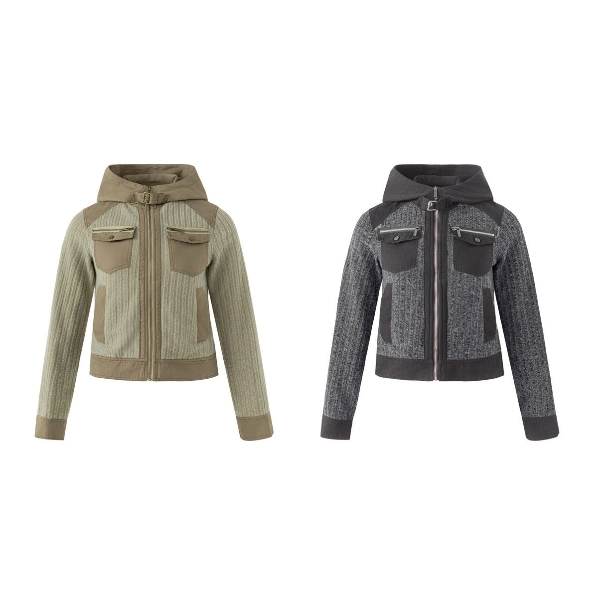 Two hooded zip jackets shown front-on: one sage green with tan panels and one charcoal gray.