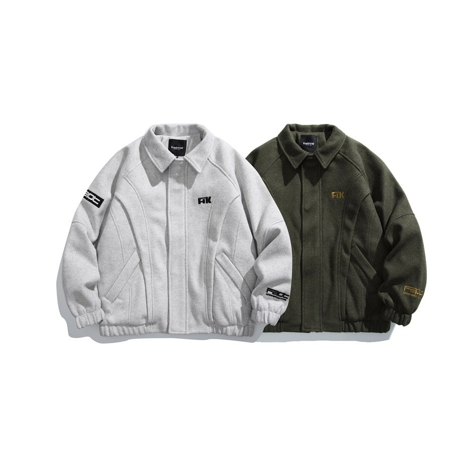 Two jackets shown side by side: one light gray and one dark olive, both with collars and front closures.