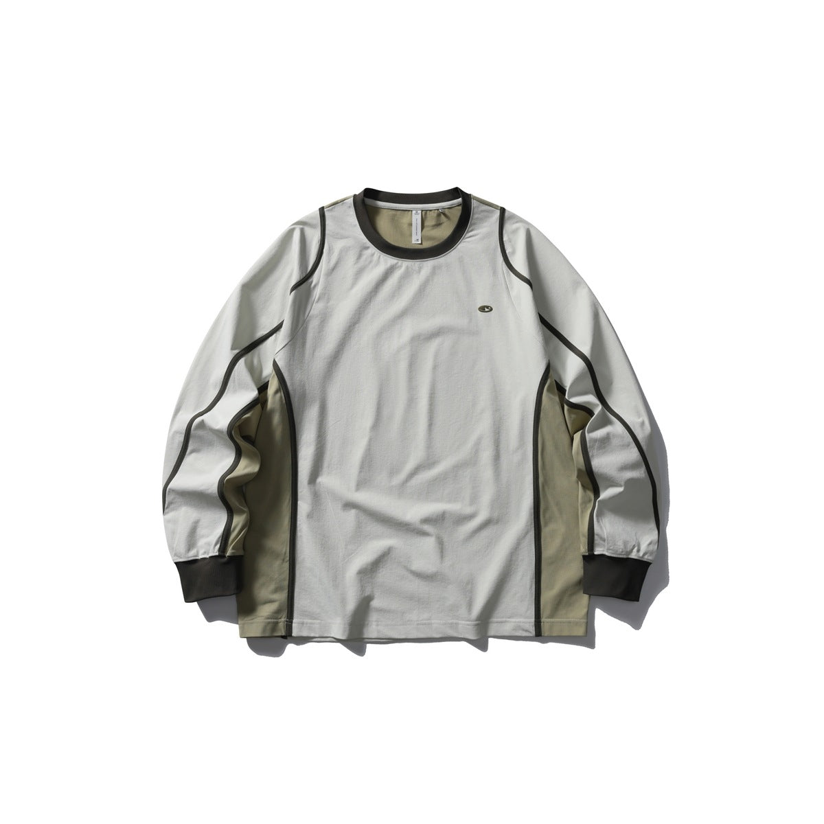 Light sage-gray long-sleeve crew-neck top with dark olive trim and khaki side panels, flat lay