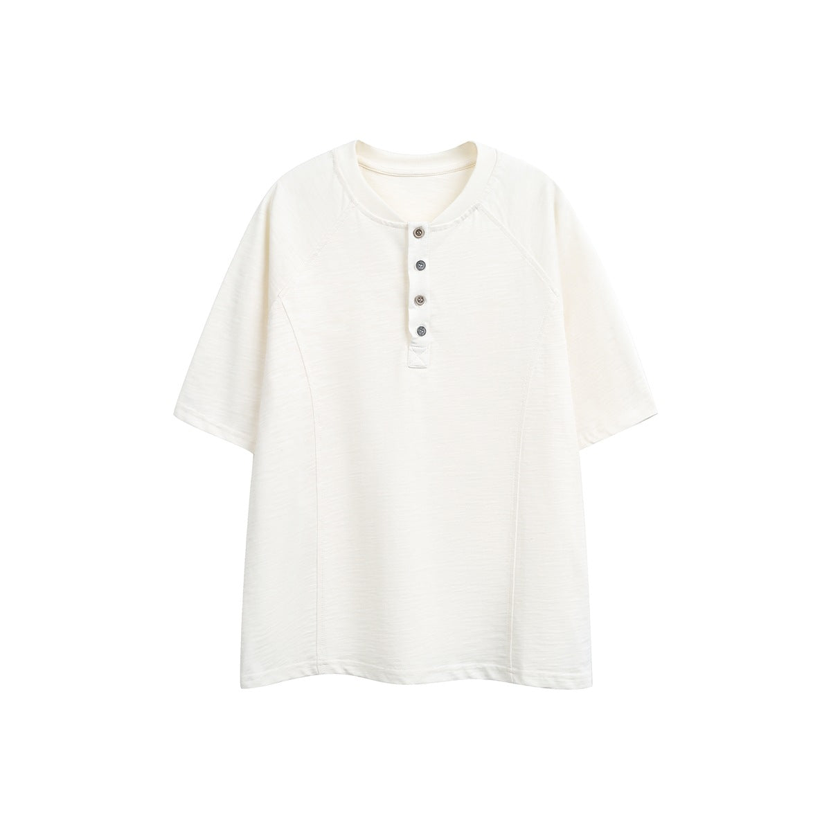Off-white short-sleeve Henley T-shirt with four buttons and raglan seams, flat lay front view
