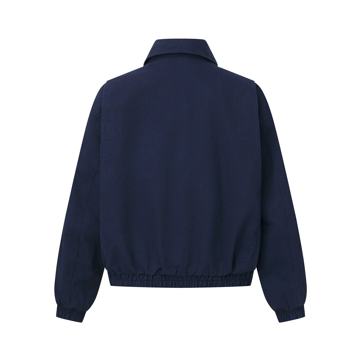 Back of navy jacket with pointed collar, plain back panel, and elasticated hem and cuffs