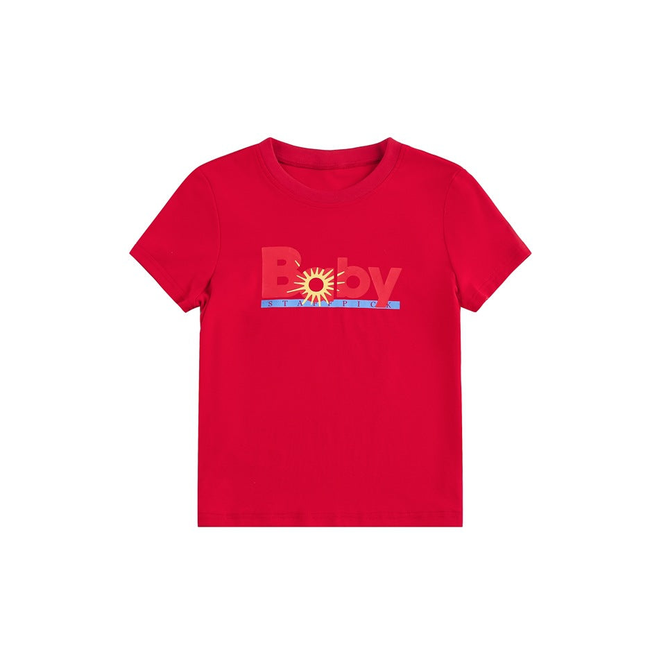 Red short-sleeve crew-neck T-shirt with 'Baby' sunburst graphic print on the chest, flat front view