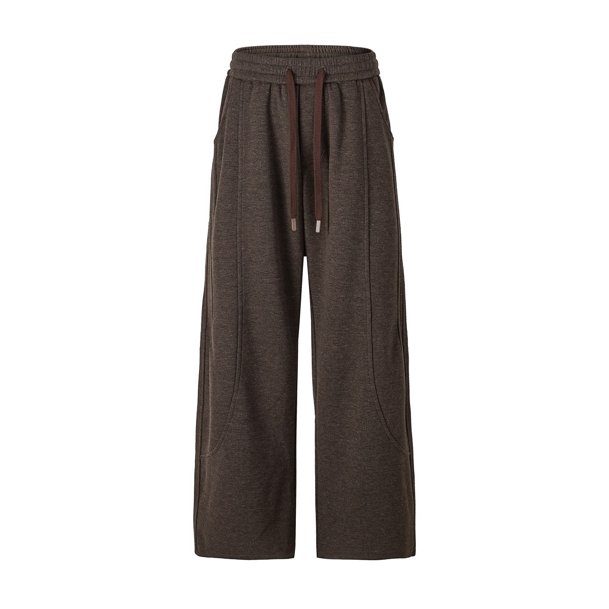 Front view of brown wide-leg drawstring sweatpants with elastic waistband, side pockets and curved leg seams