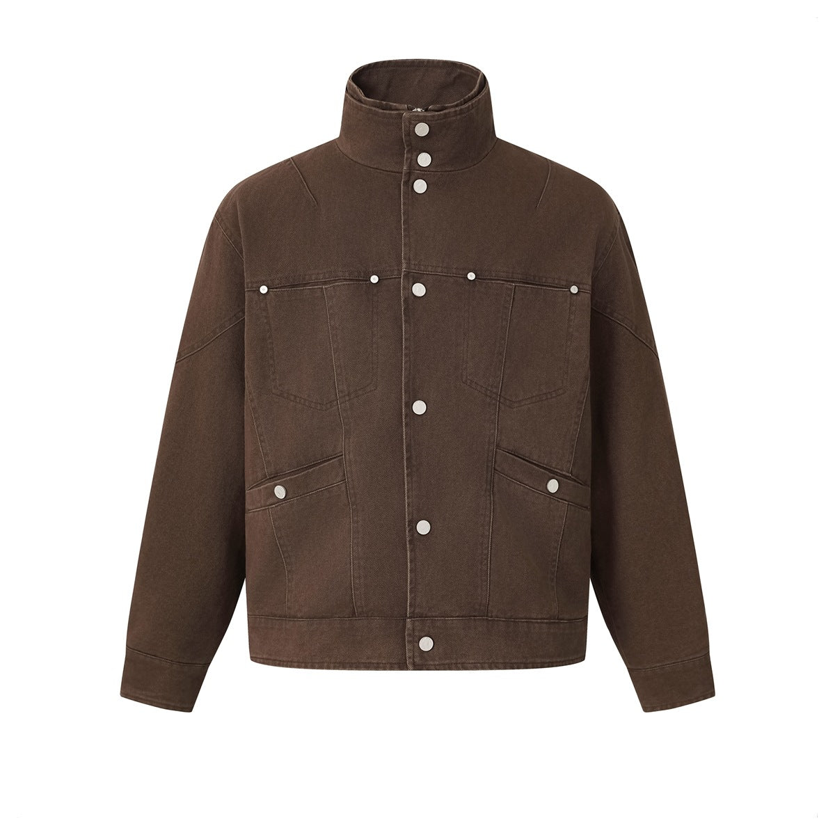 Front view of a dark brown jacket with a high snap collar, button placket, chest pockets, and angled lower pockets.