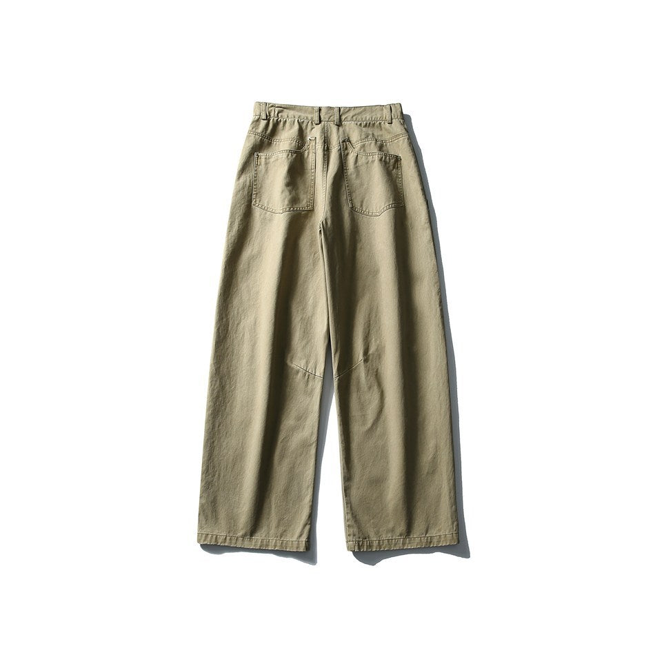 Back flat lay of khaki wide-leg pants showing two large patch pockets and contrast stitching