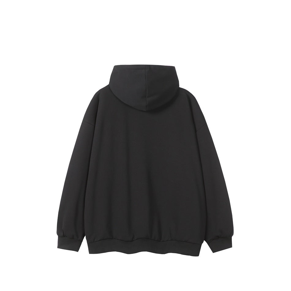 Back view of a plain black hooded sweatshirt with a hood, long sleeves, and ribbed cuffs and hem.