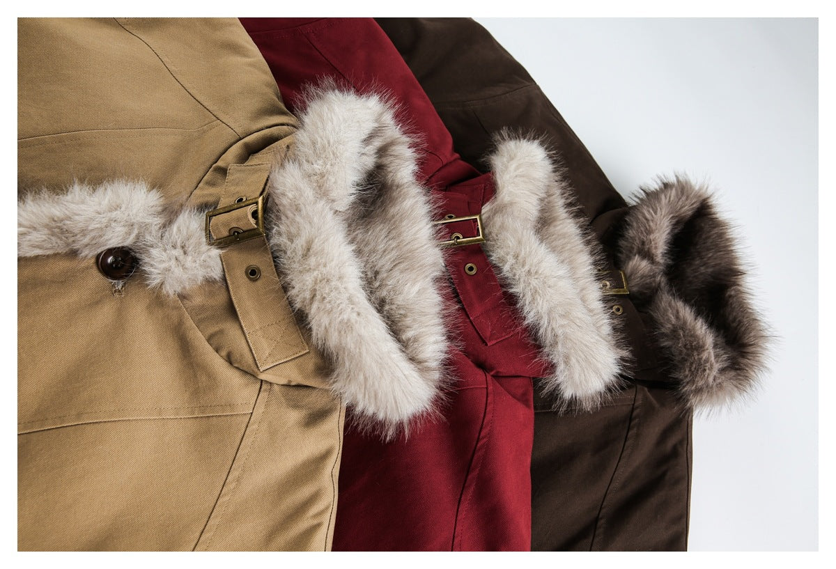 Three jackets in tan, burgundy, and dark brown, shown overlapping with contrasting fluffy fur collars.