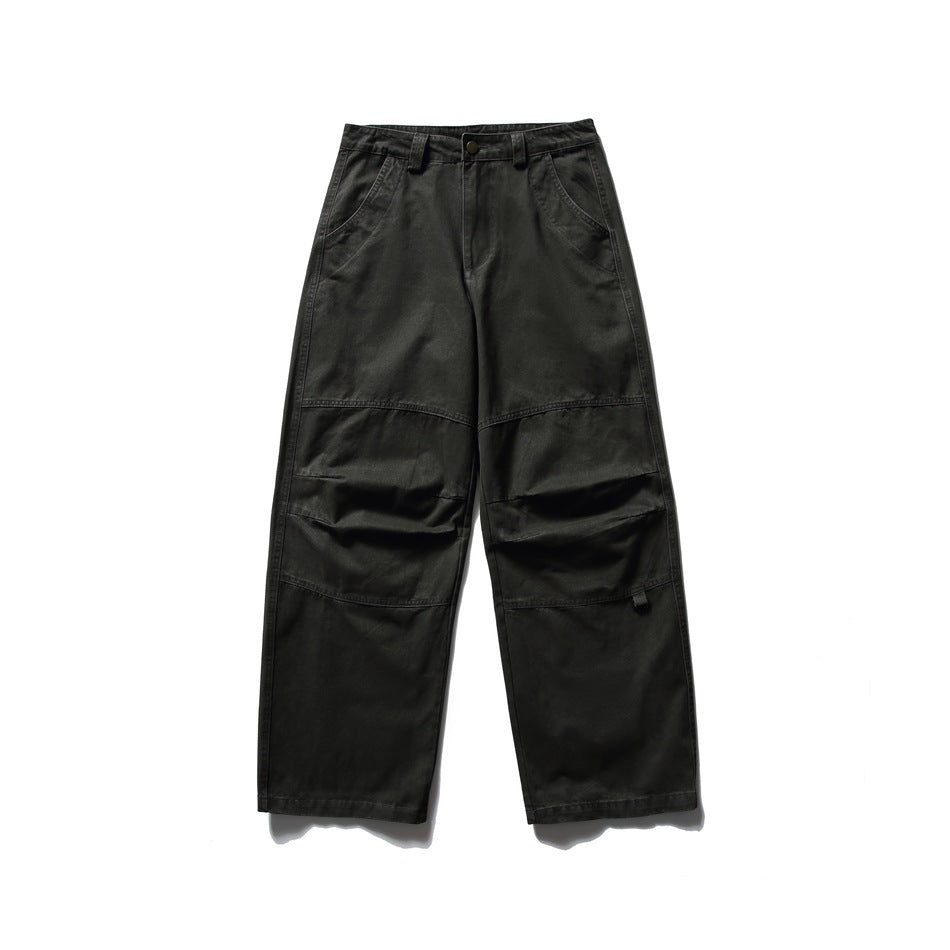 Dark grey wide-leg work pants, flat front view with knee seams, pleats and button fly