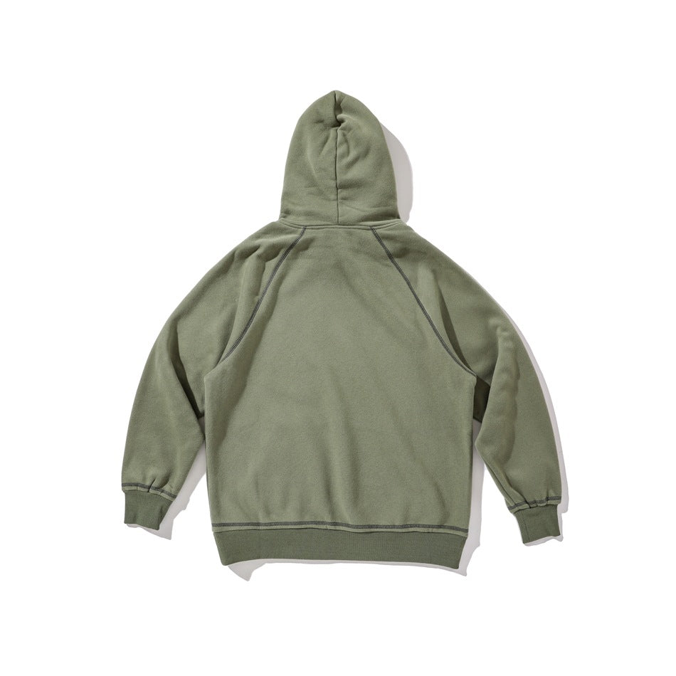 Back view of an olive green hoodie with a plain body and visible raglan seams.