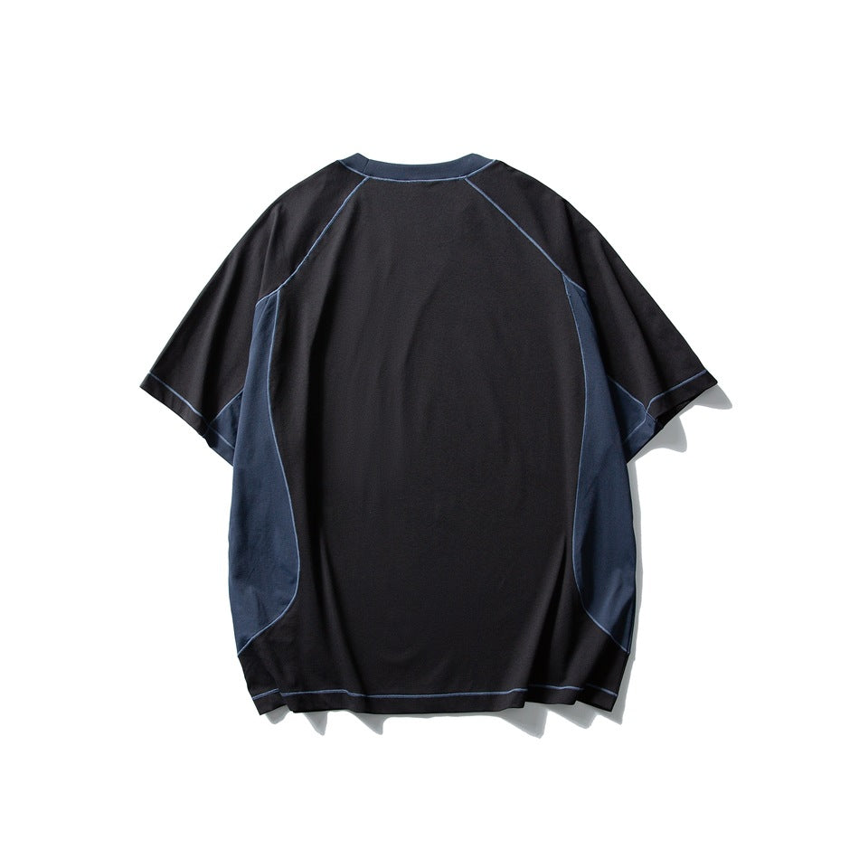 Back view of a black short-sleeve T-shirt with dark blue side panels and contrast stitching.