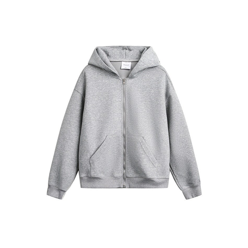 Heather gray zip-up hoodie flat lay with front pockets and ribbed cuffs and hem
