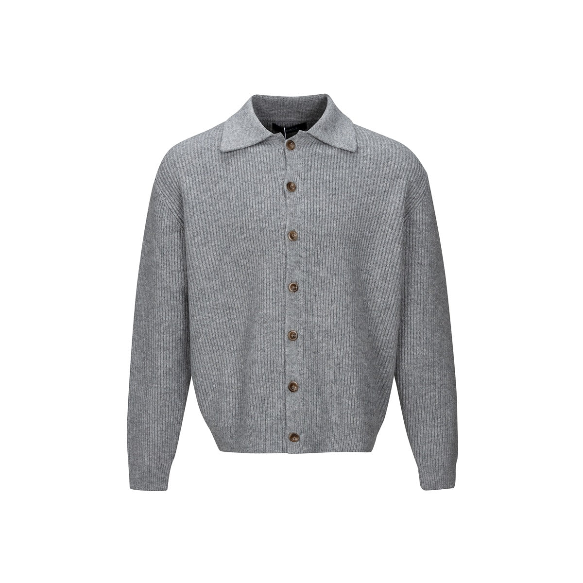 Gray ribbed-knit button-front cardigan with pointed collar, front view on white background