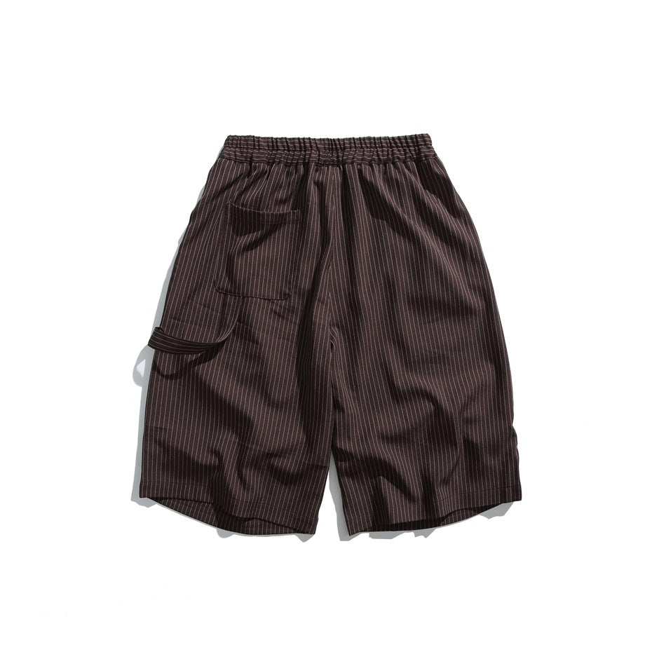 Coffee brown pinstriped shorts, back flat lay, elastic waistband, patch pocket and side loop strap