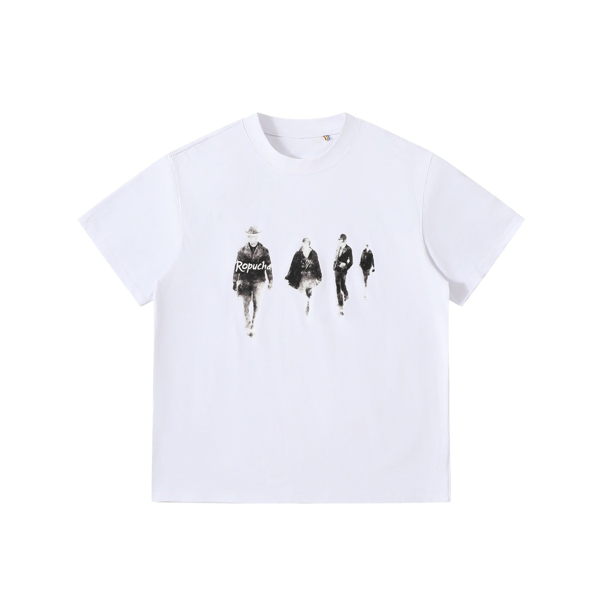 White short-sleeve crew-neck T-shirt with faded black-and-white print of four walking figures on the chest