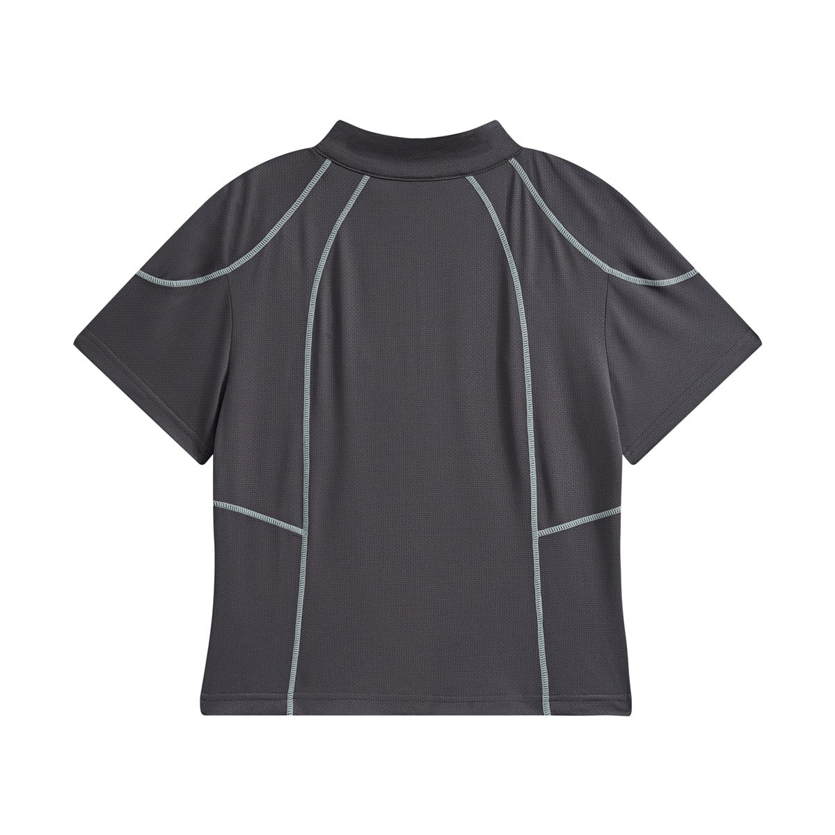 Back view of a charcoal short-sleeve top with a stand collar and pale blue contrast seams.