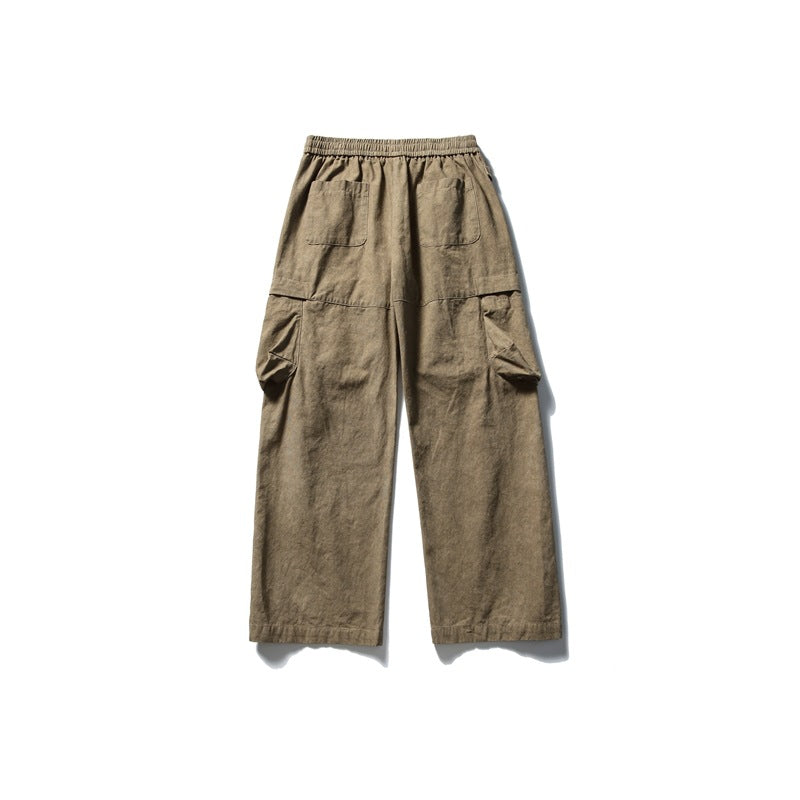 Back view of brown wide-leg cargo pants with two rear pockets and side cargo pockets.