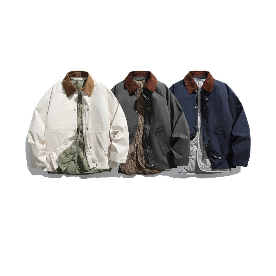 Three collared jackets in beige, dark gray-green and navy with brown collars and quilted liners visible