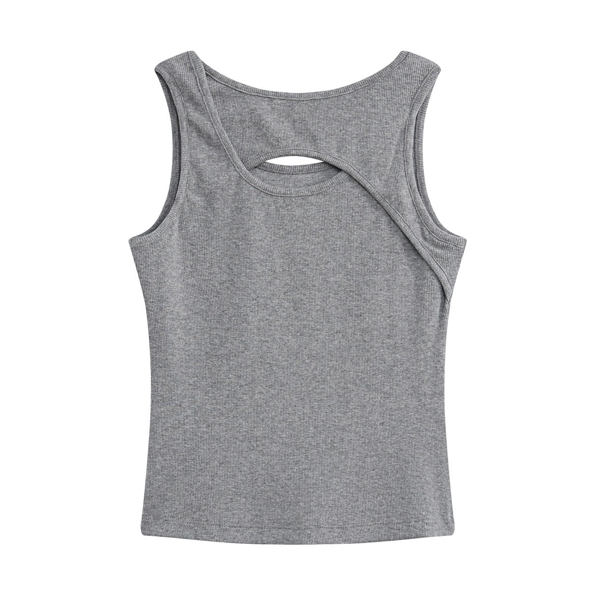 Heather gray ribbed sleeveless tank top flat lay showing crossover back with oval cutout