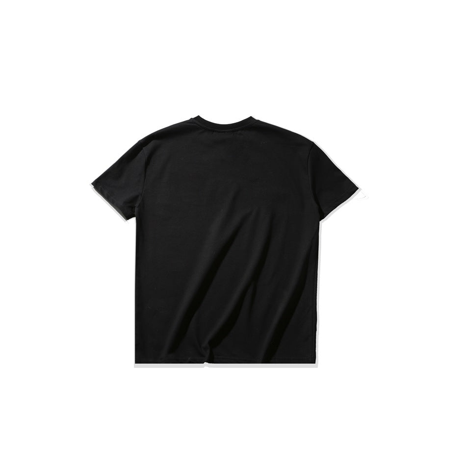 Plain black short-sleeve crew-neck T-shirt shown from the front, laid flat on a white background.