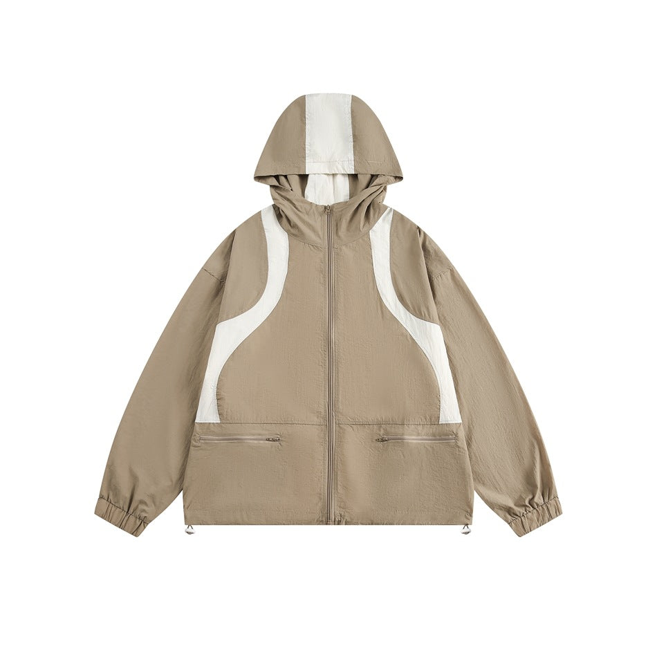 Front view of a taupe hooded jacket with ivory curved panels, a full-length zipper, and two zip pockets.